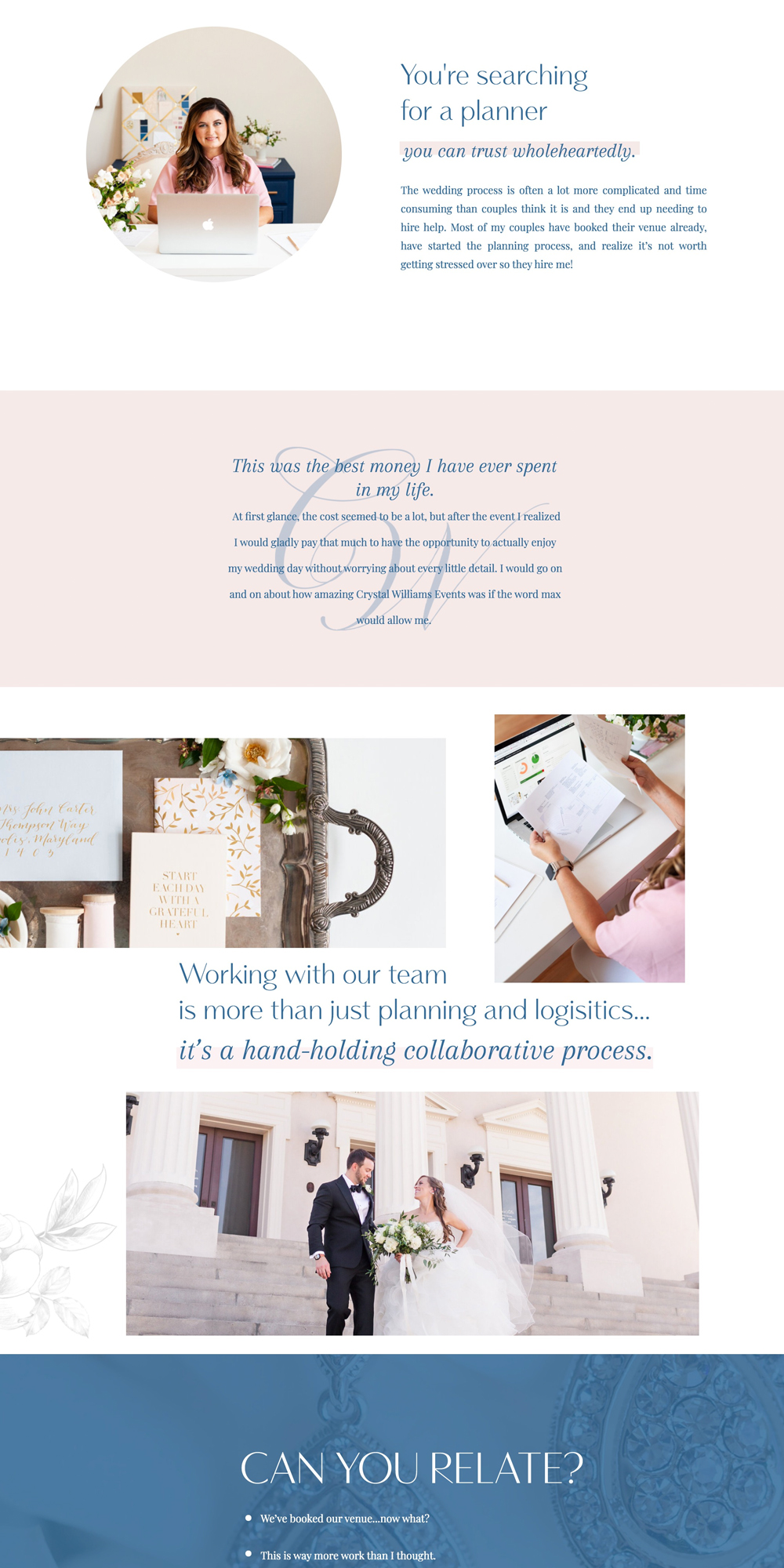 custom showit website designer / wedding planner website / drag and drop website / romantic / modern / pink / wedding business branding