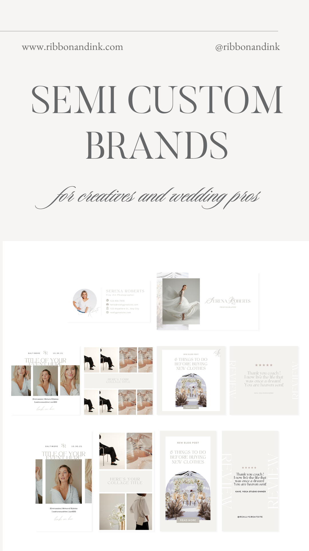 semi custom branding for creatives and wedding pros / premade brand / logo / romantic / social media templates