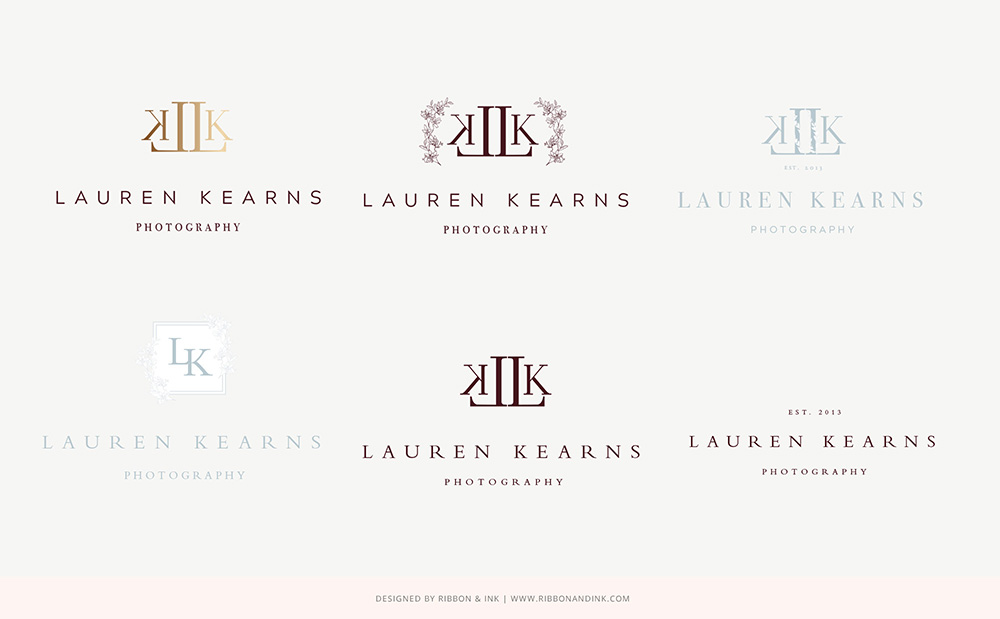 I have been working with my full branding wedding photographer client, Lauren Kearns, for the last month and her new brand is almost done! Lauren is a New Jersey wedding photographer with a timeless, classic style. I mean many of her clients ride horse drawn carriages to their receptions. Talk about class! I wanted to share my progress with Lauren so far so you can see how it all started.  From our initial conversation I knew Lauren wanted a bold, but romantic brand similar to the infamous Justin & Mary. It took a few stabs to create the perfect ideal client for her and color scheme but I finally nailed it. Next I created several initial logo concepts for her: