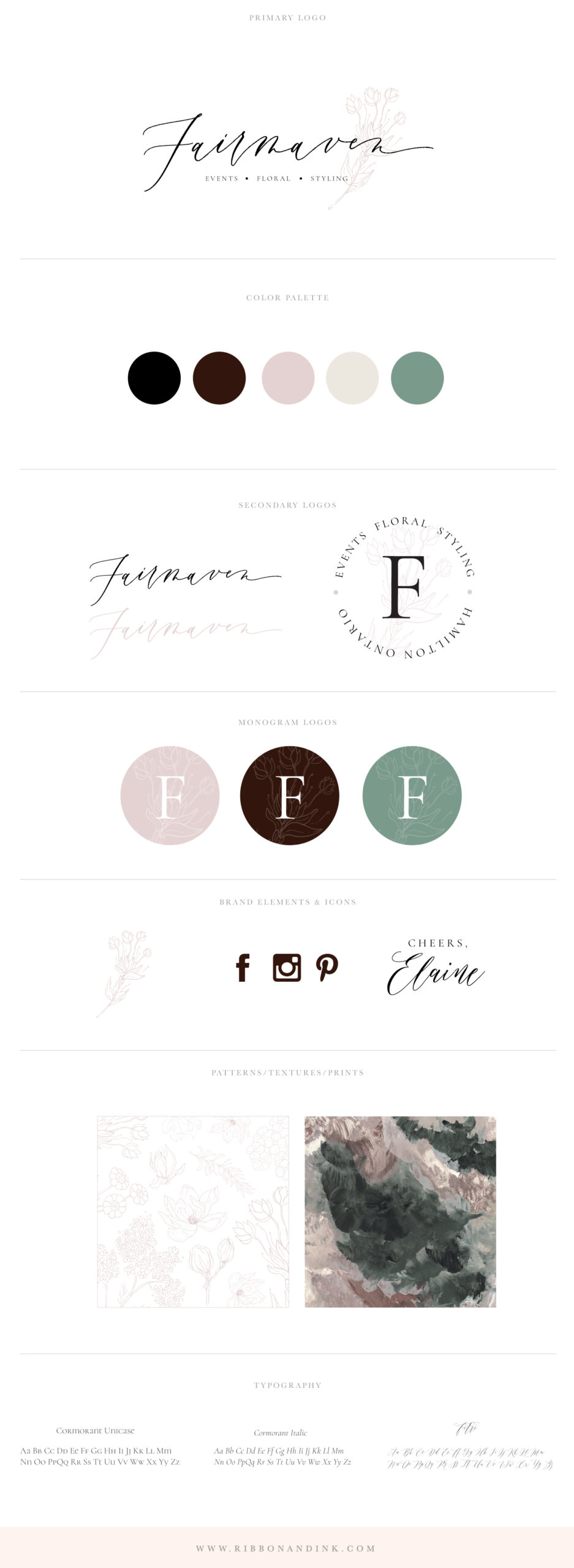 brand identity / branding board / wedding florist logo / bold color palette / logo designer for women / branding for wedding businesses / plum / mauve / green