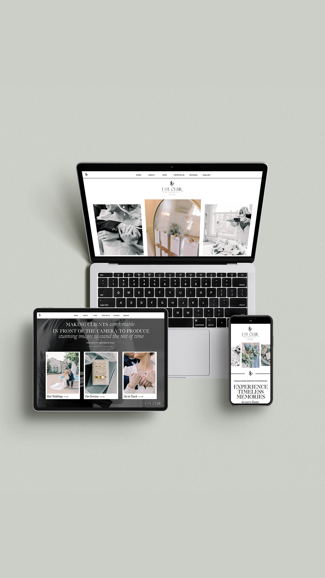 A custom brand identity and Showit website template customization for Virginia wedding photographer.