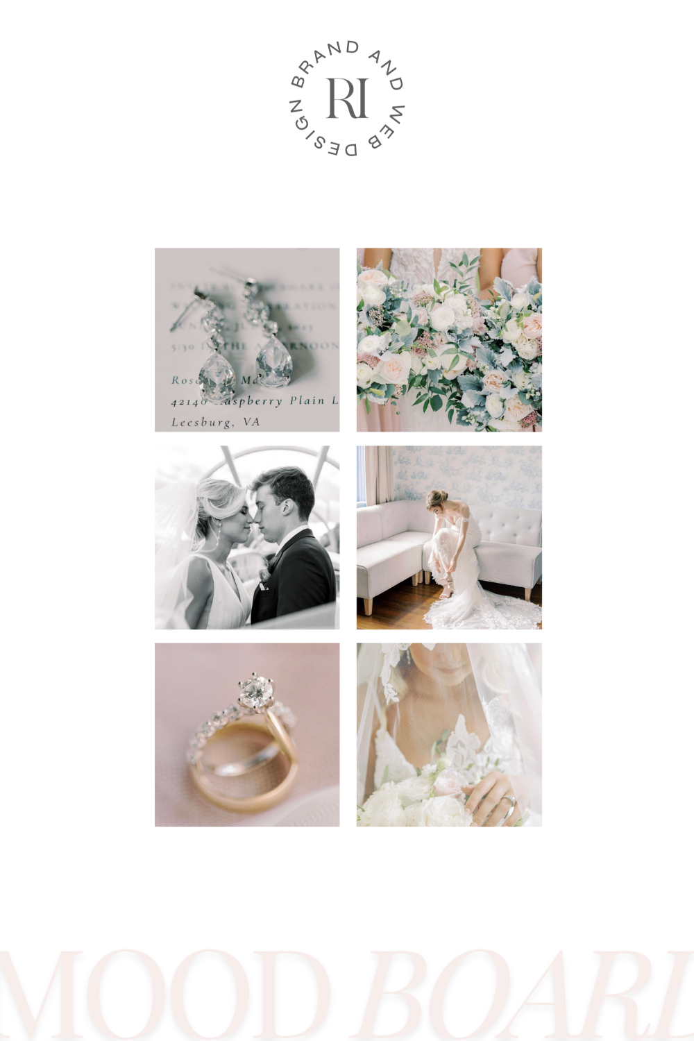 A classic, romantic mood board as brand inspiration for a Virginia wedding photographer's brand identity design.