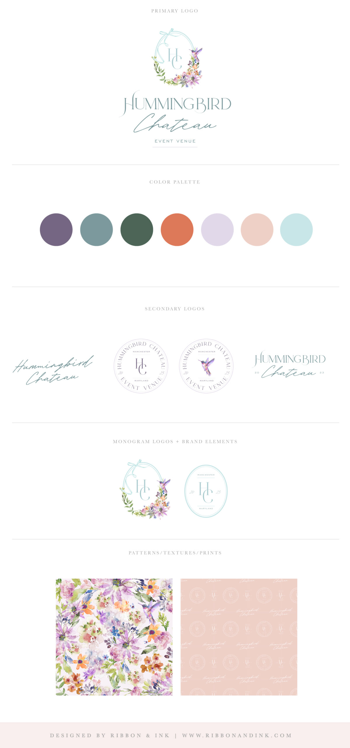 custom branding / brand board / branding identity / wedding venue logo / feminine logo / crest floral logo /bold, colorful, jewel